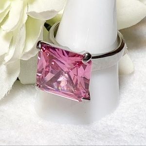 Pink Princess Cut Crystal Cocktail Ring Large Stainless Steel Band NEW